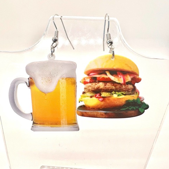 Burger & Beer Earrings - Mismatch Earrings - Pub Earrings - Party Earrings - Picture 1 of 8